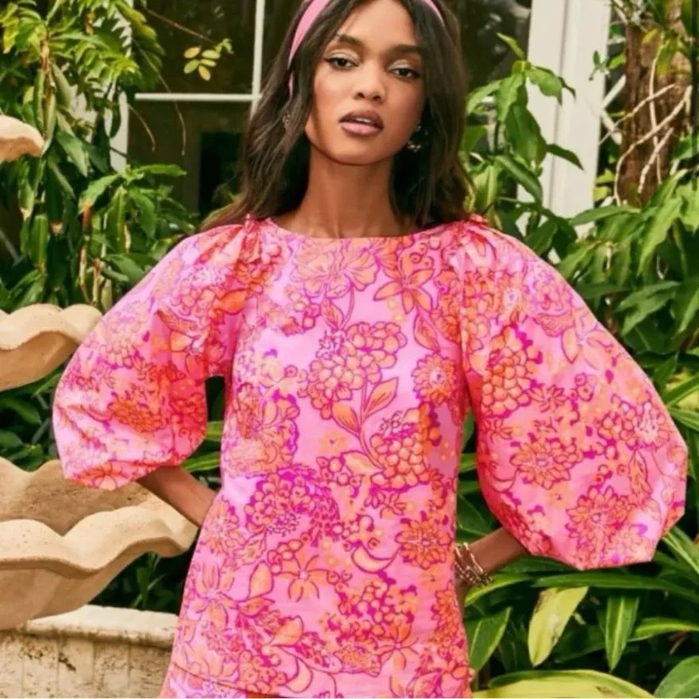 Lilly Pulitzer Pink Orange Floral Puff Sleeve Cotton Blouse Top XS